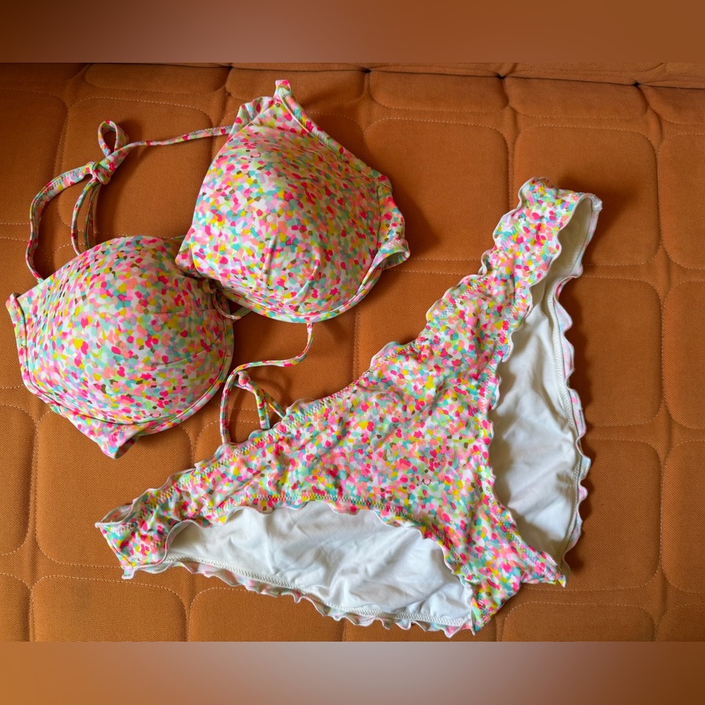 Victoria's Secret White Bikini Confetti Print 34DD L/XL